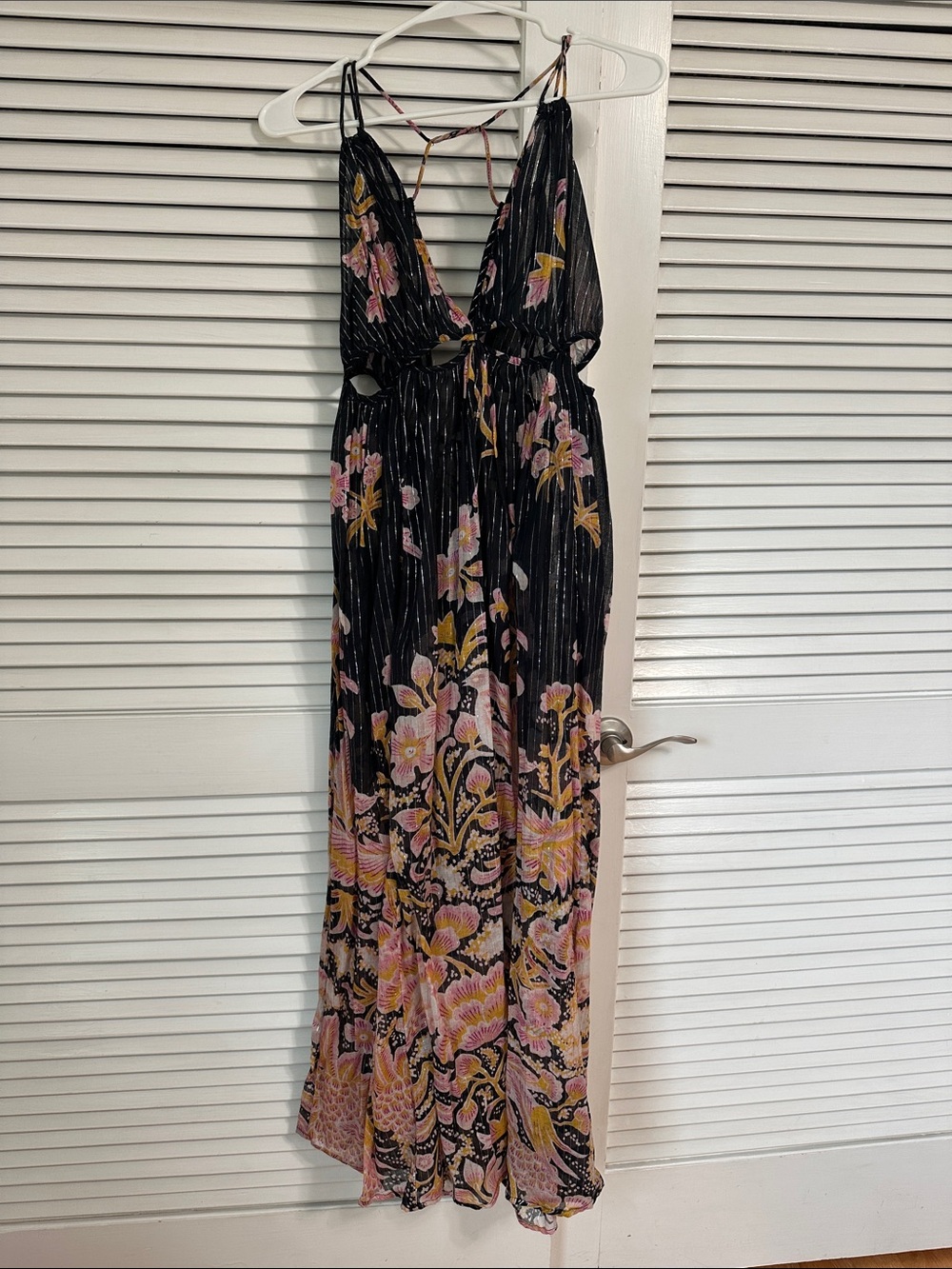 Anthropologie Black Floral Maxi Dress with Pink and Yellow Accents